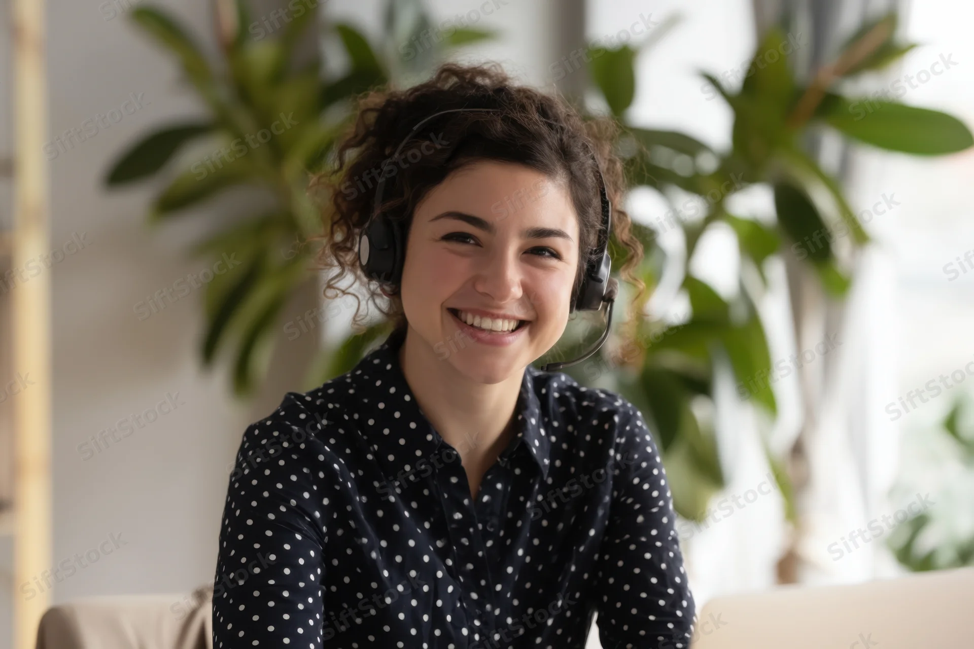Smiling young woman wearing headset in office setting with plants behind her