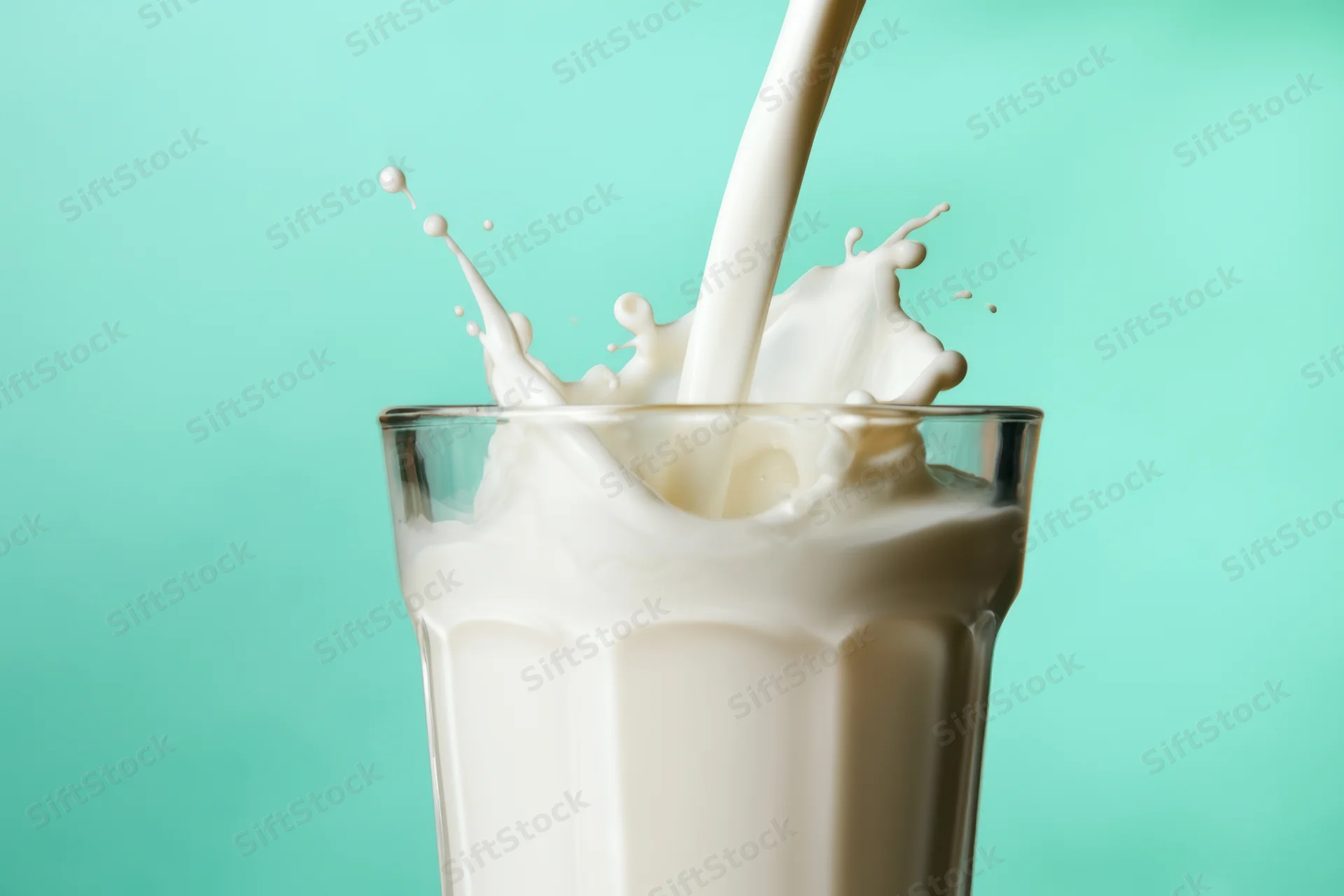 Milk being poured into a clear glass, creating a splash and froth against a teal background