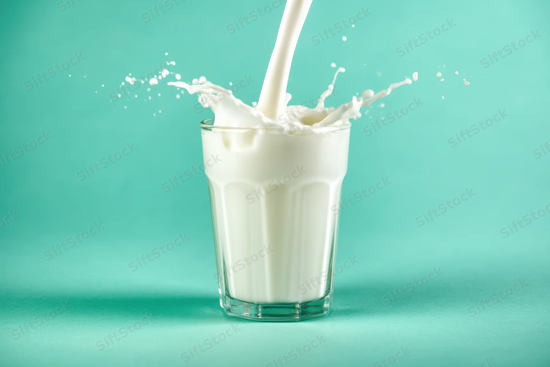 Milk being poured into a clear glass creating a splash against a teal background