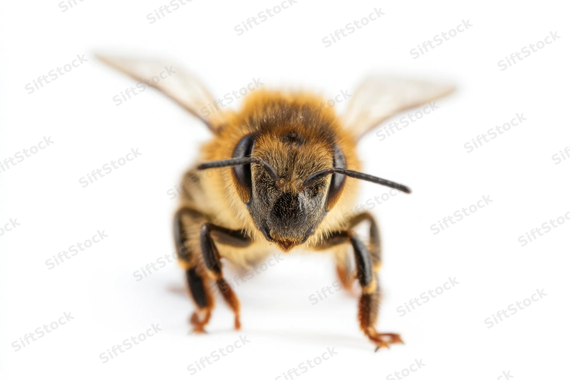 Close-up of a honeybee showing fuzzy body, antennae and wings against white background