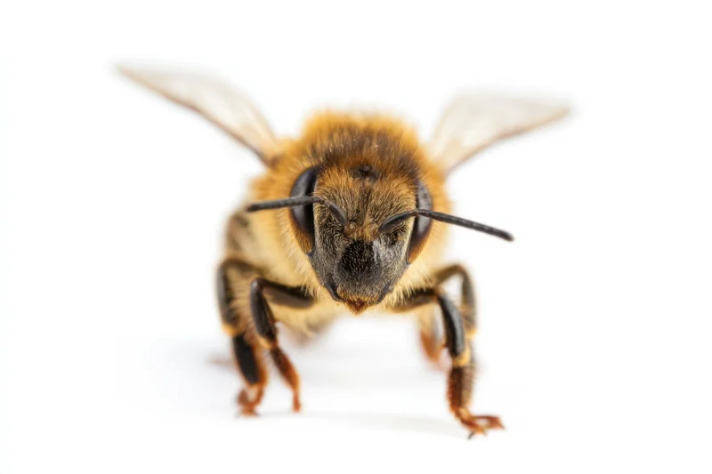 Close-up of a honeybee showing fuzzy body, antennae and wings against white background