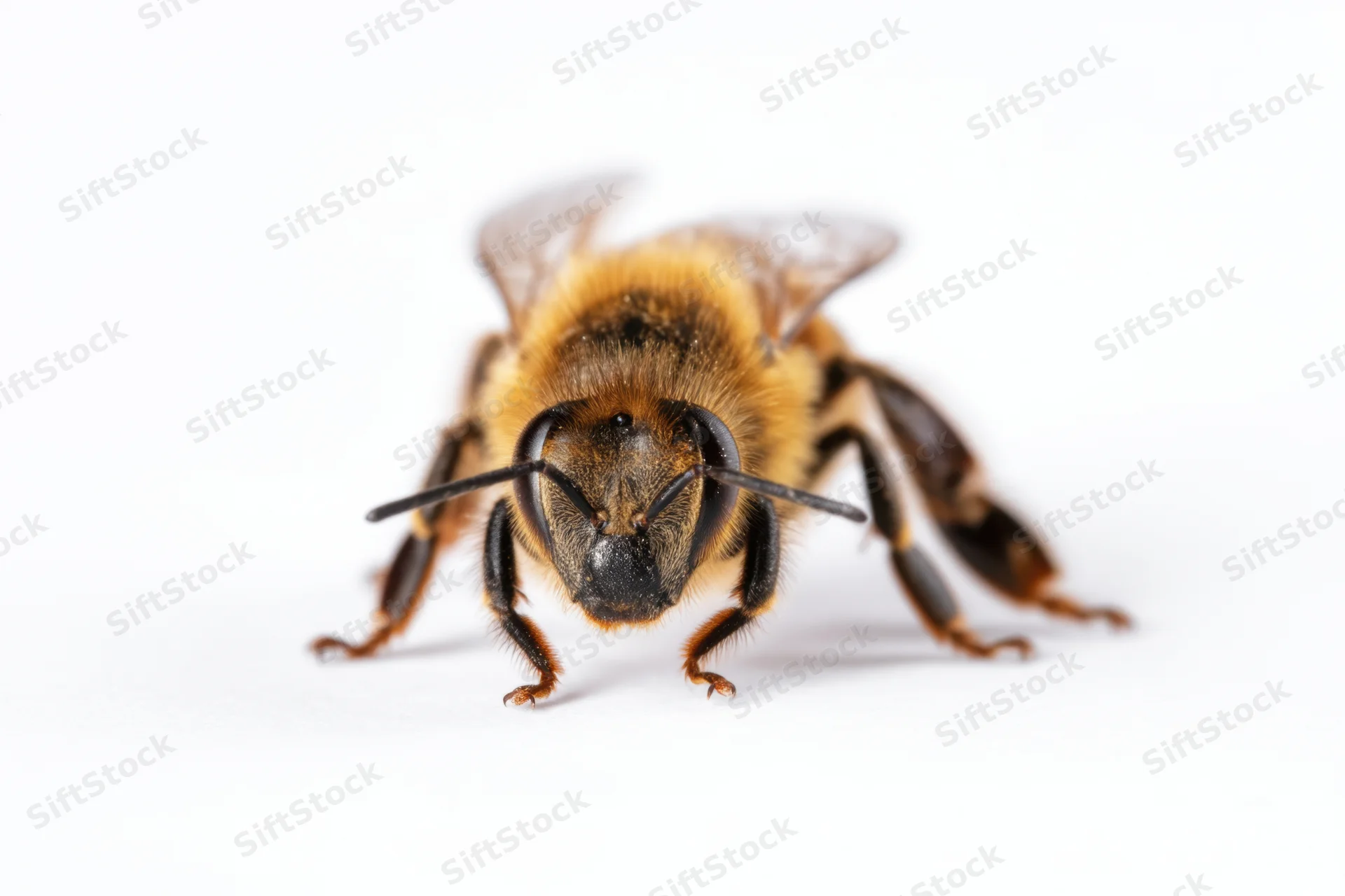 Close-up of a honeybee showing fuzzy body, antennae and wings on white background