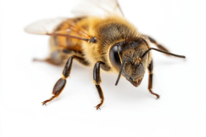 Close-up of a honeybee showing detailed features like its fuzzy body and antennae on a white background