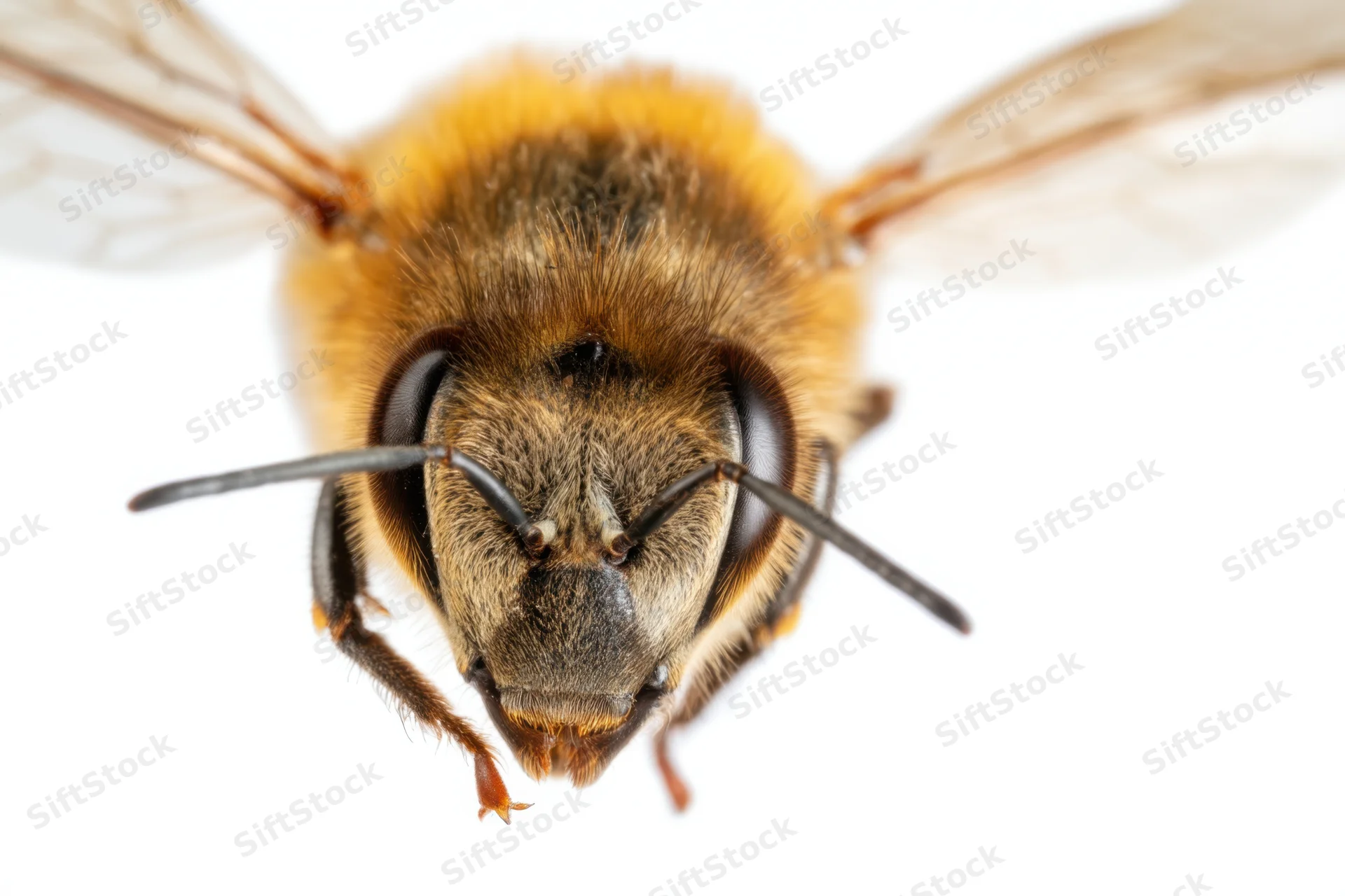Closeup of a honeybee head showing fuzzy texture, antennae, compound eyes and wings against white background