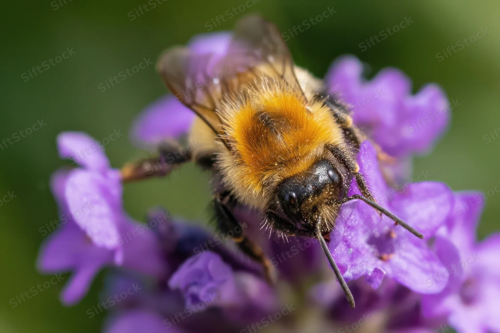 Bumblebee foraging on lavender flower in garden setting