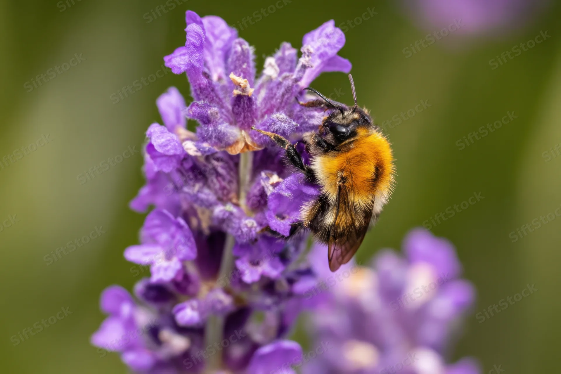 Bumblebee feeding on lavender flower in garden setting