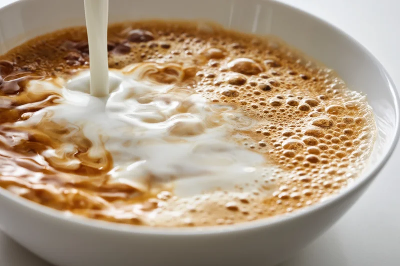 Creamy coffee in a white bowl with milk being poured, creating swirls and foam