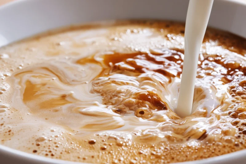 Creamy coffee in a white cup with milk being poured into it, creating swirls and foam on the surface
