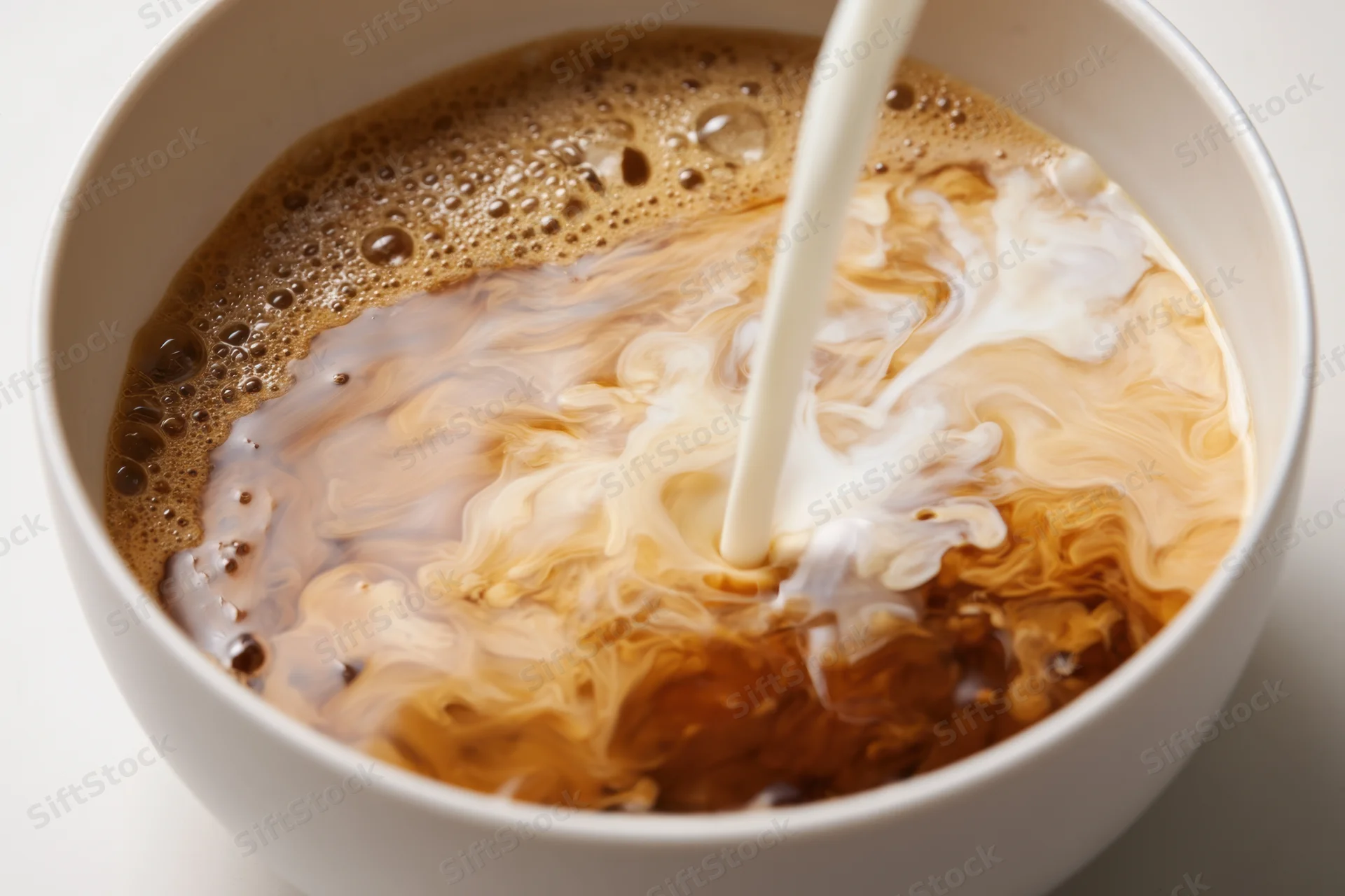 Creamy coffee being poured into a white cup, creating swirling patterns on the surface
