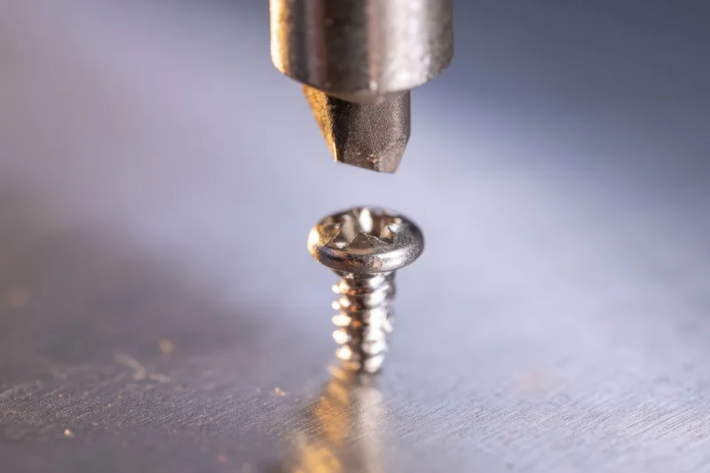 Closeup of a metallic screw being tightened by a screwdriver on a flat surface
