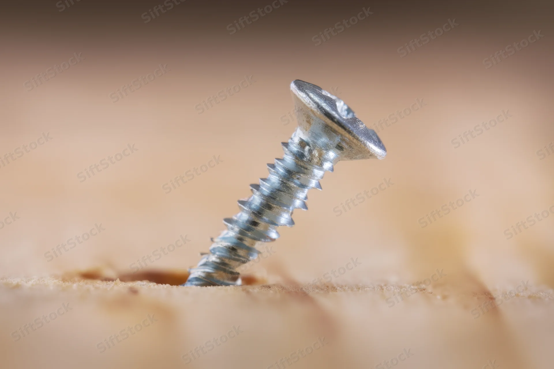 Metal screw partially embedded in wooden surface with shallow depth of field