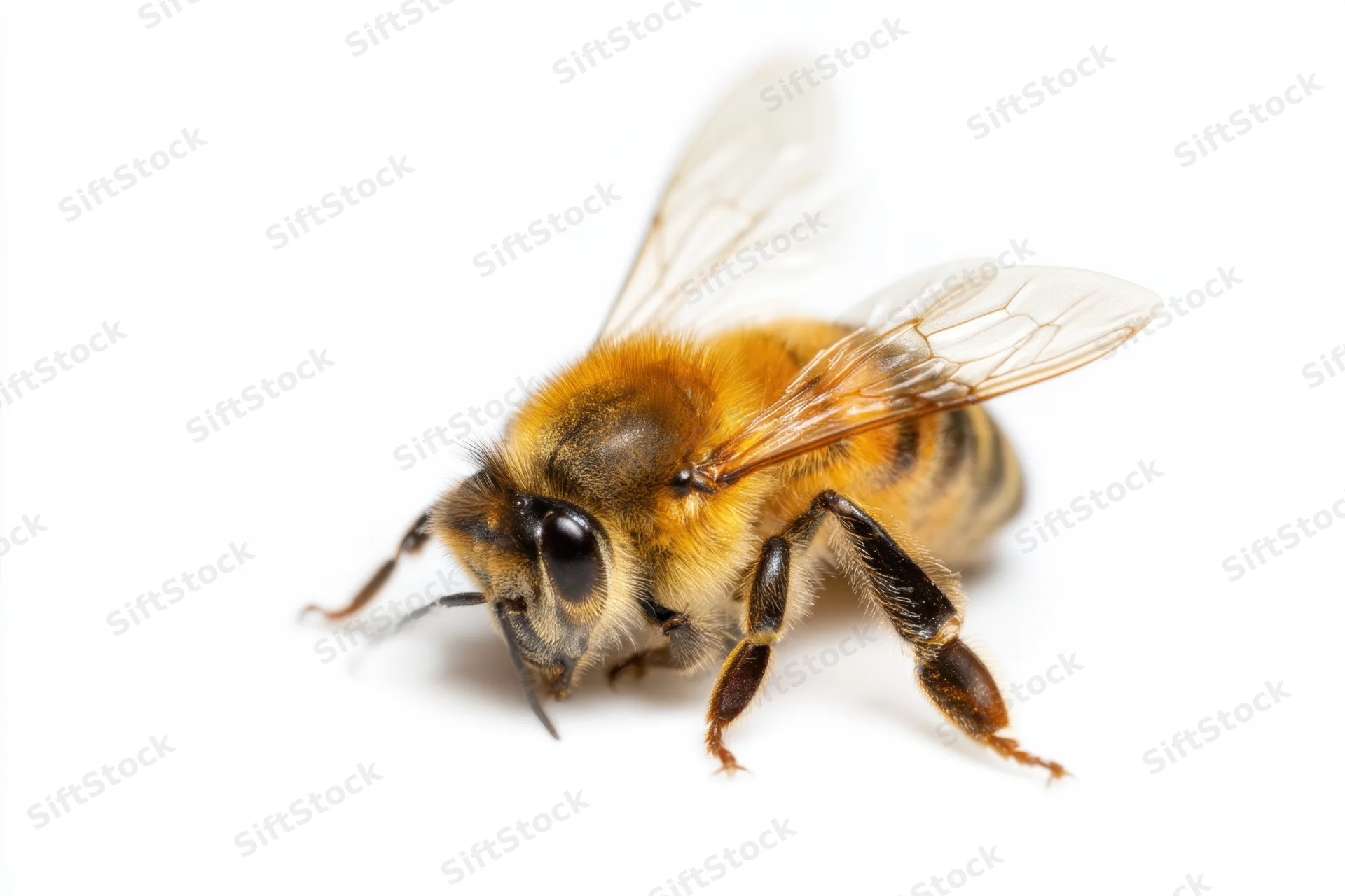 Close-up of a honeybee showing detailed texture on white background