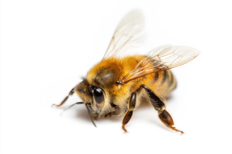 Close-up of a honeybee showing detailed texture on white background