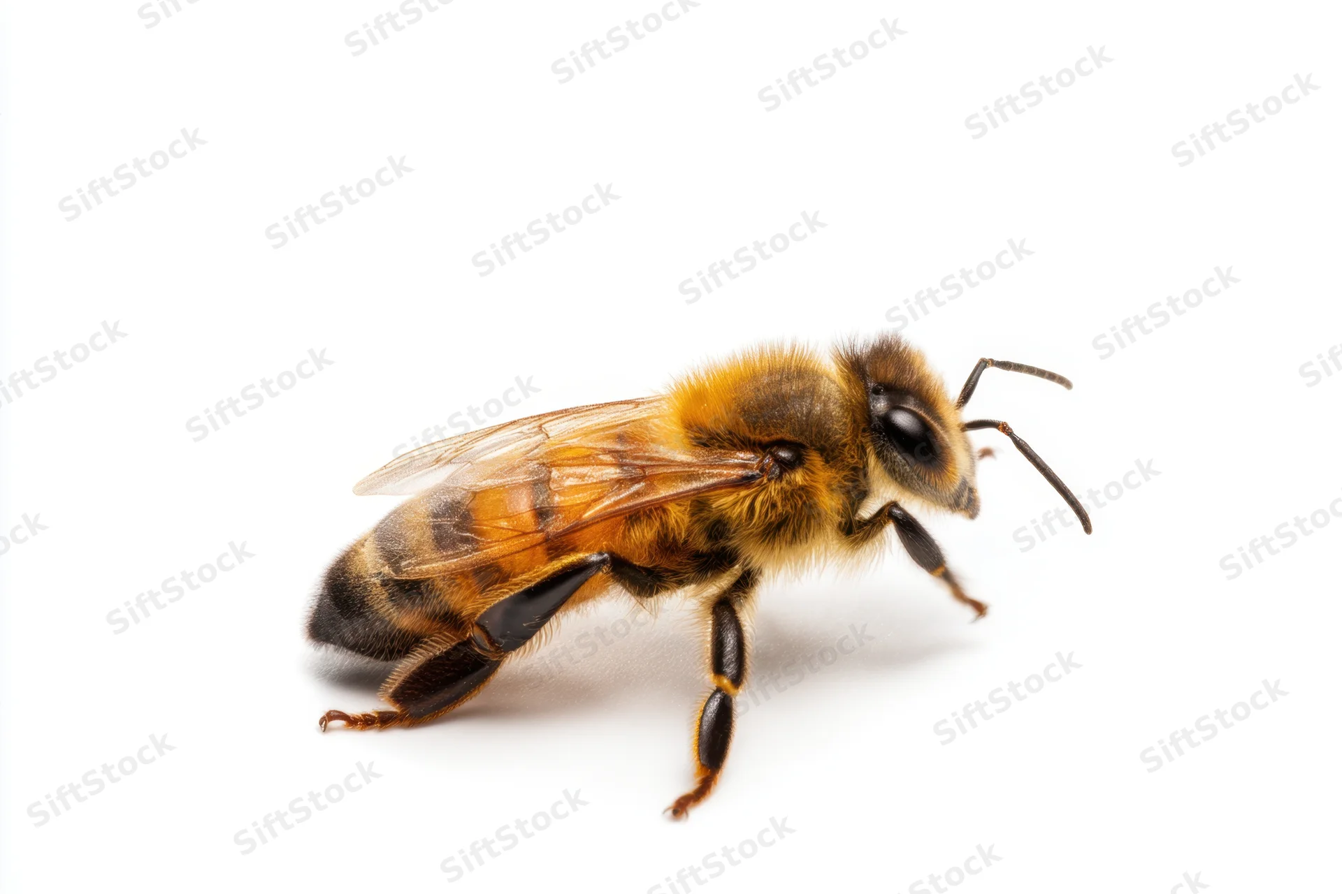 Honeybee in close-up view showcasing detailed body texture on white background