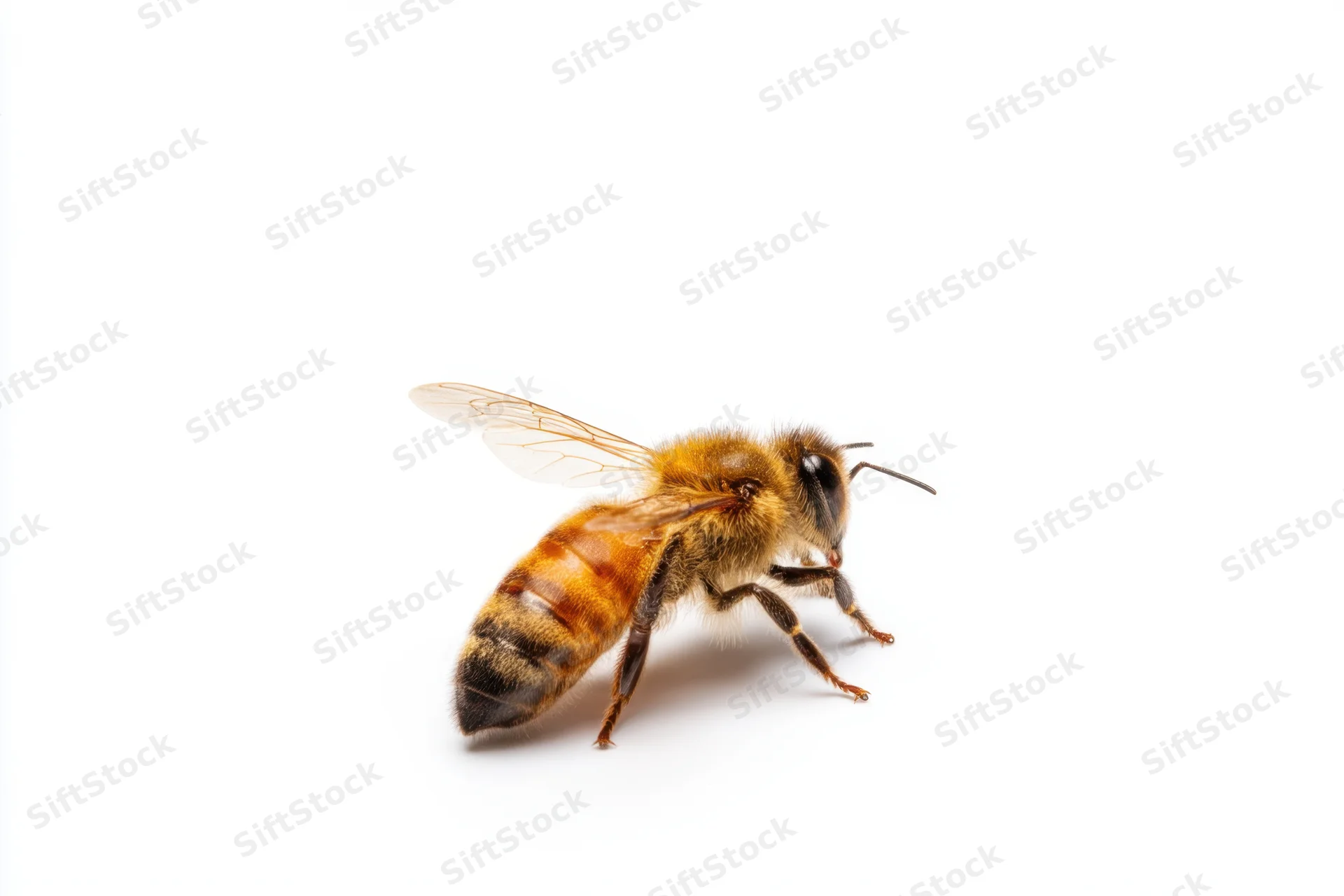 Honeybee in close-up view showcasing detailed texture on white background