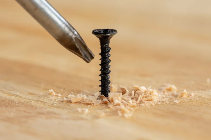 Screwdriver driving a black screw into wood, surrounded by wood shavings