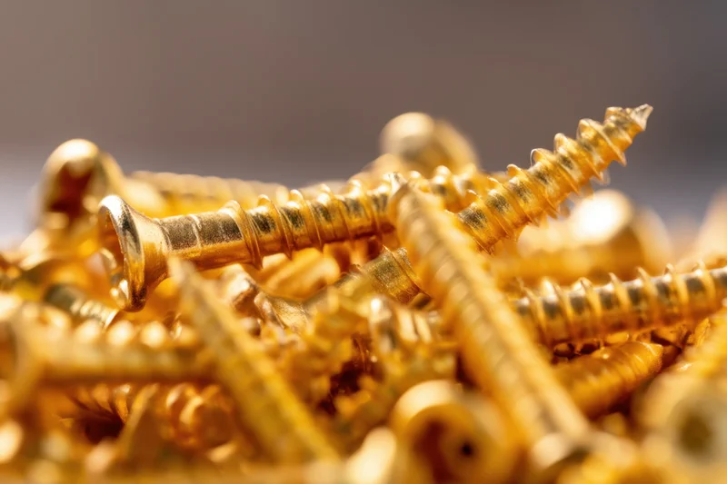 Closeup of golden screws piled together in a heap