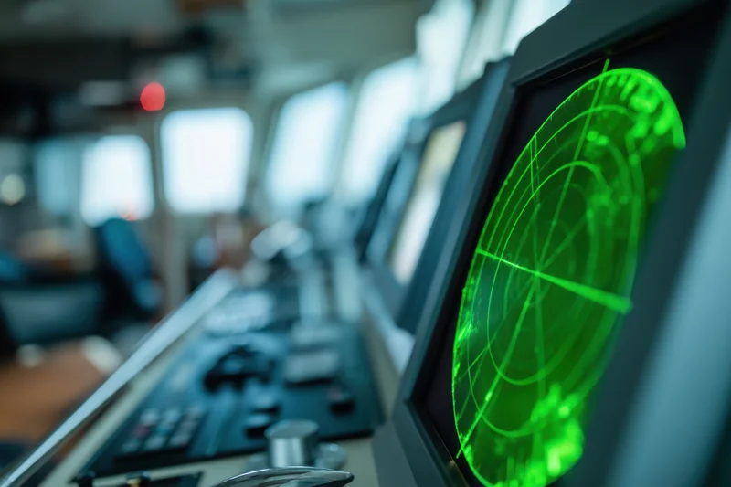 Close-up of a green radar display on a ship's bridge control console