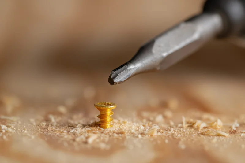 Screwdriver bit hovering above a gold screw on a wooden surface with wood shavings