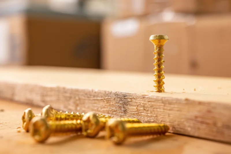 Golden screw embedded in wooden plank with scattered screws nearby on workbench surface