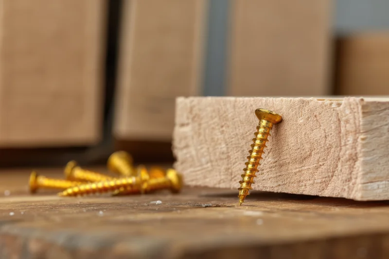 Golden screw embedded in a wooden plank on a workbench with scattered screws nearby