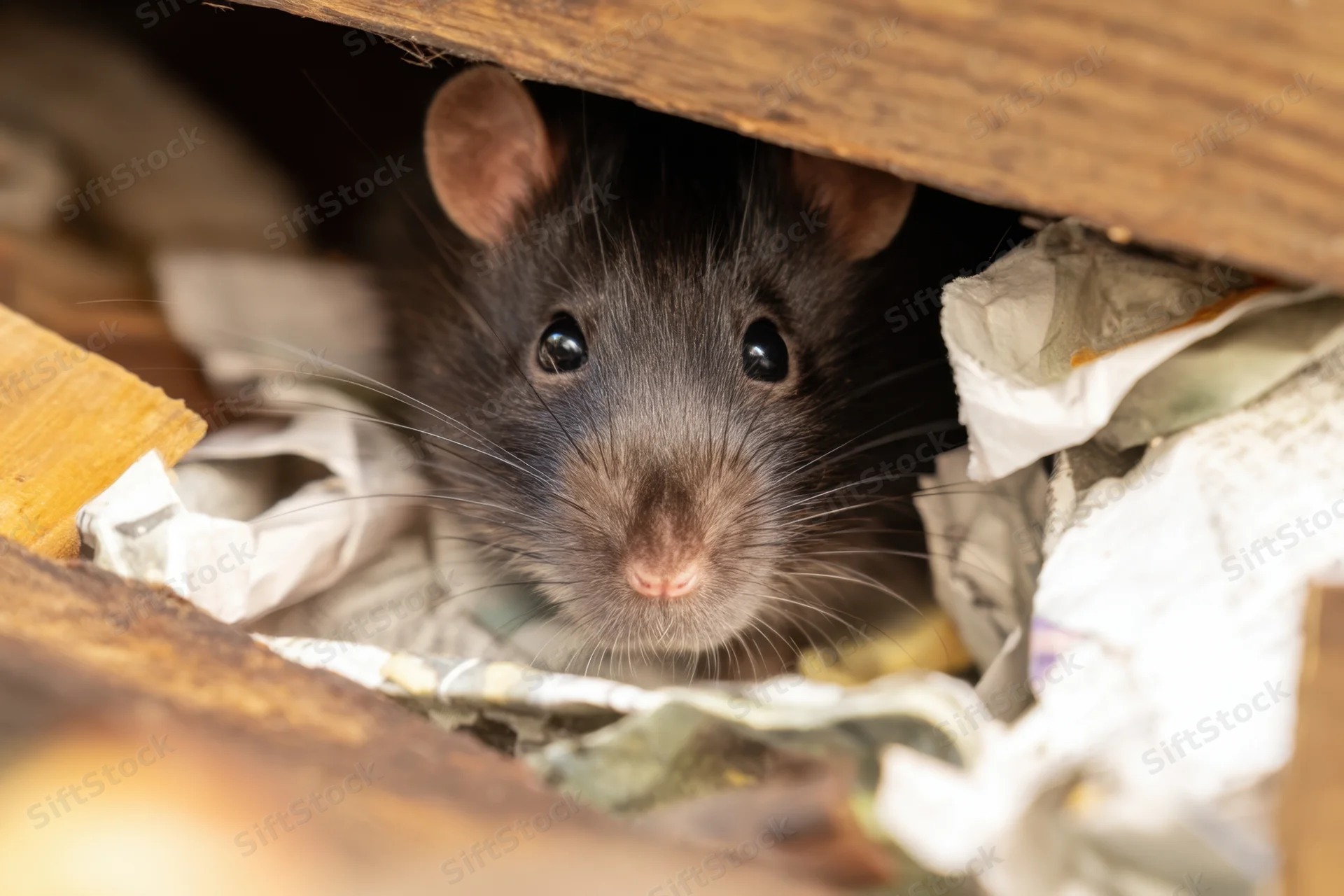 Small black rat peeking from under wooden debris surrounded by crumpled paper and trash