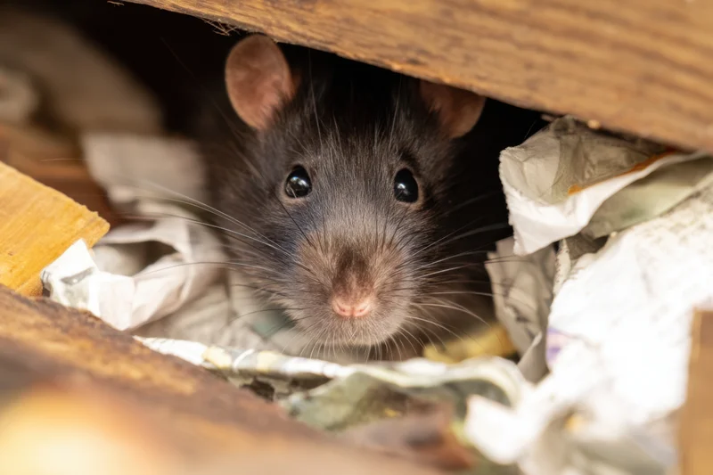Small black rat peeking from under wooden debris surrounded by crumpled paper and trash