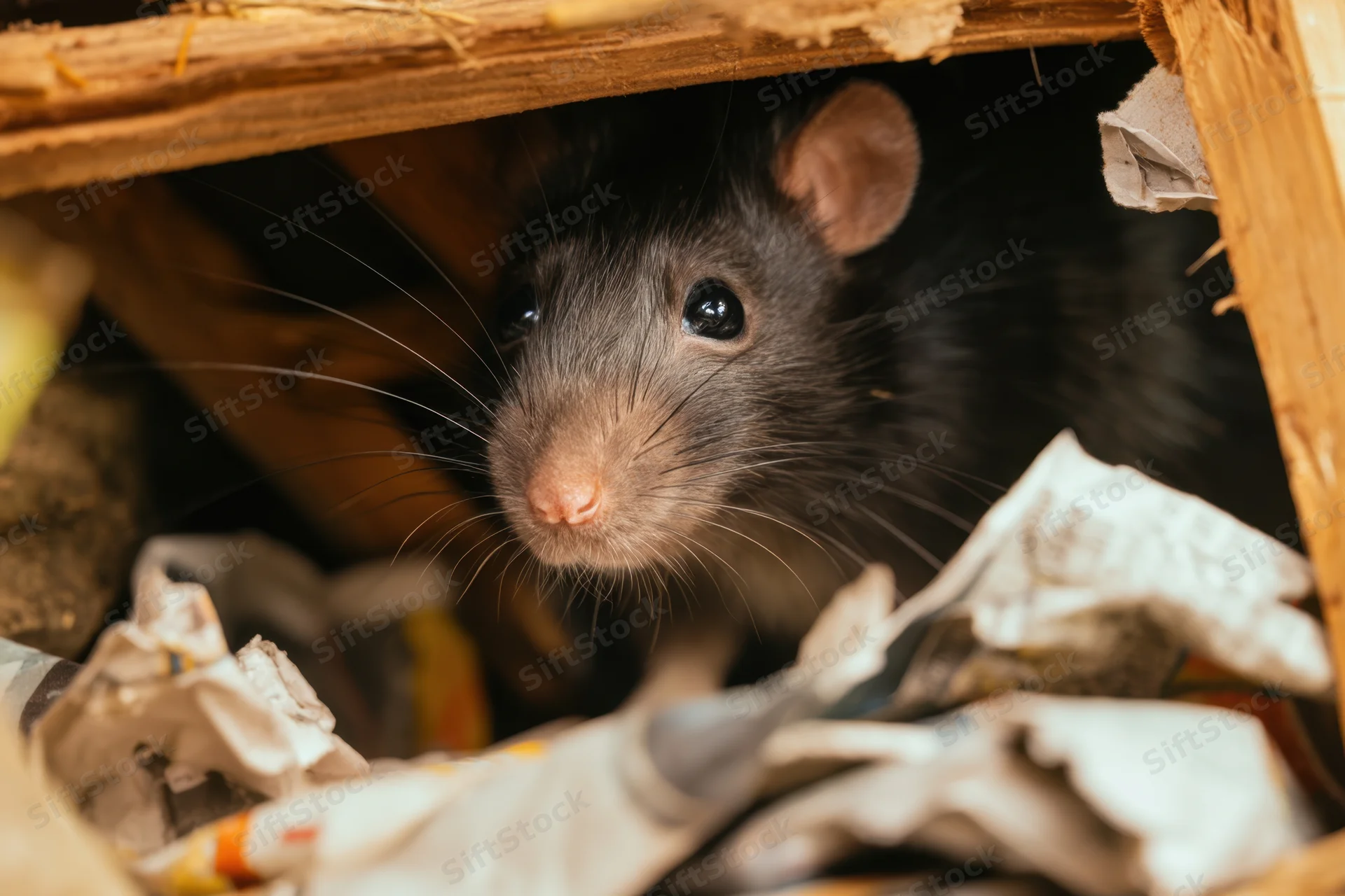 Small black rat peeking from under wooden debris among crumpled paper in a dark shelter