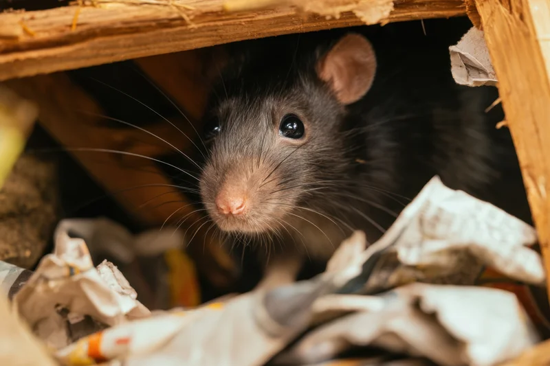 Small black rat peeking from under wooden debris among crumpled paper in a dark shelter
