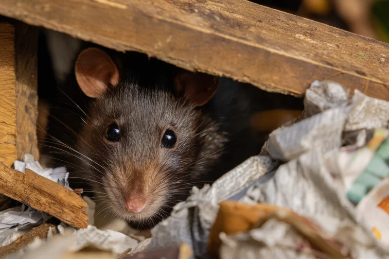 Small black rat peeking from wooden shelter among crumpled paper and debris