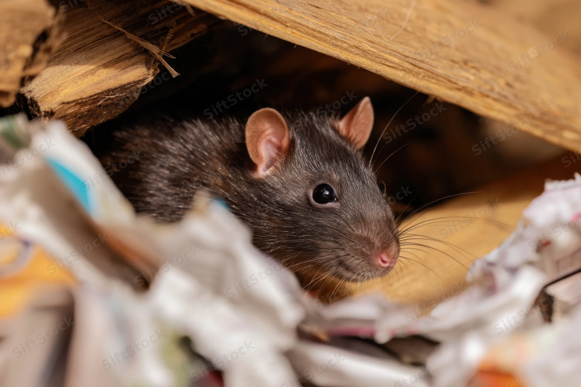 Small black rat peeking from under wooden debris amidst crumpled paper and trash