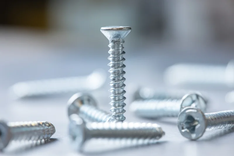 Silver screws scattered across a smooth surface with one standing upright in focus