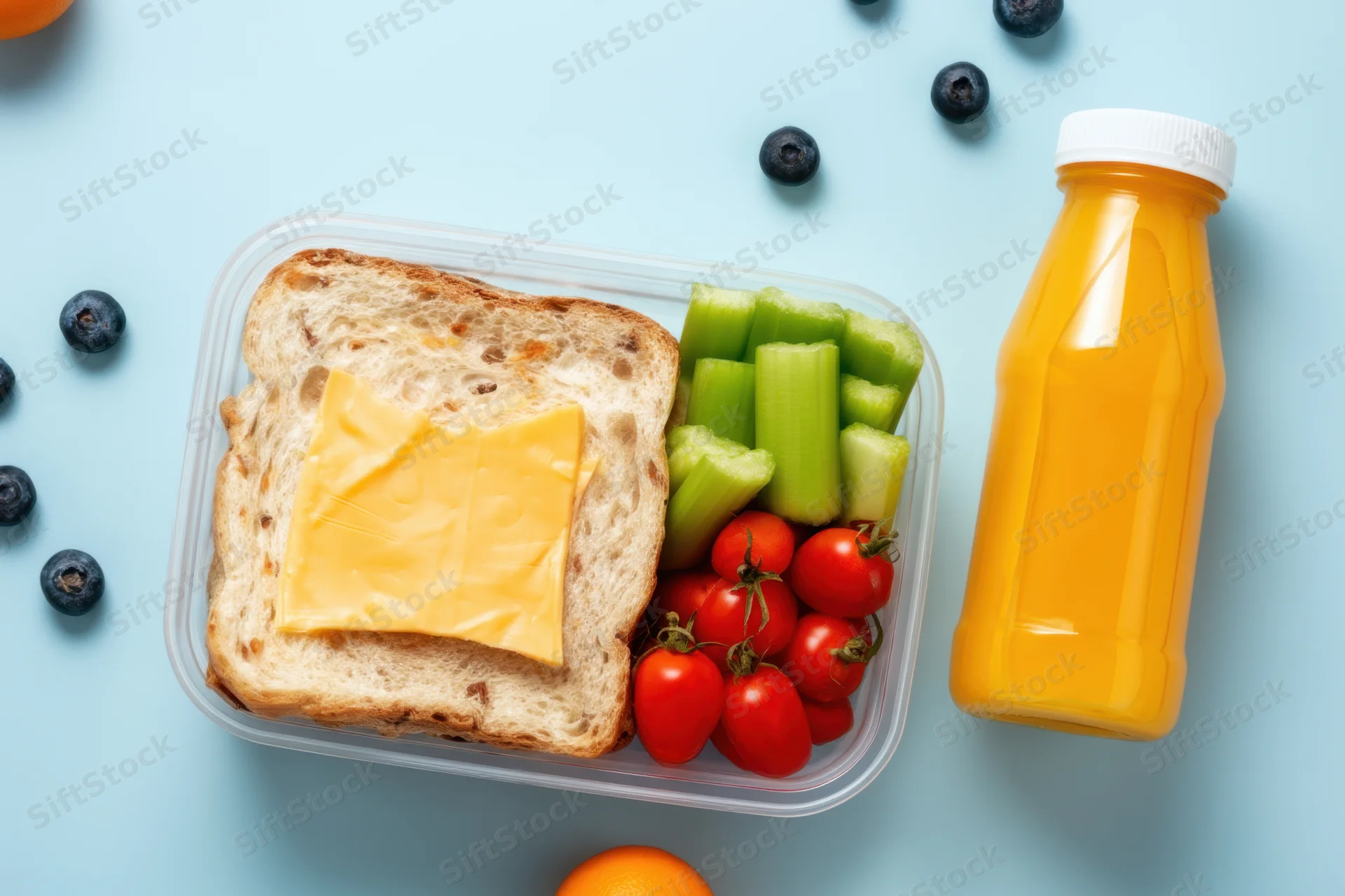 A clear plastic lunchbox containing a cheese sandwich, celery sticks, cherry tomatoes, and a bottle of orange juice on a light blue surface with scattered blueberries and an orange nearby