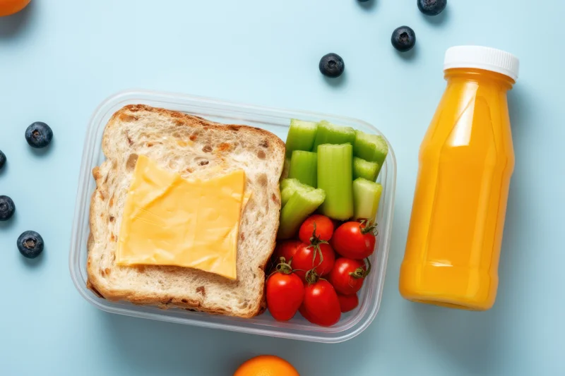 A clear plastic lunchbox containing a cheese sandwich, celery sticks, cherry tomatoes, and a bottle of orange juice on a light blue surface with scattered blueberries and an orange nearby