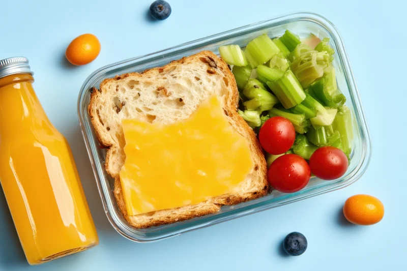 A glass lunchbox with a cheese sandwich, celery, cherry tomatoes, and fruit beside a bottle of orange juice on a blue surface
