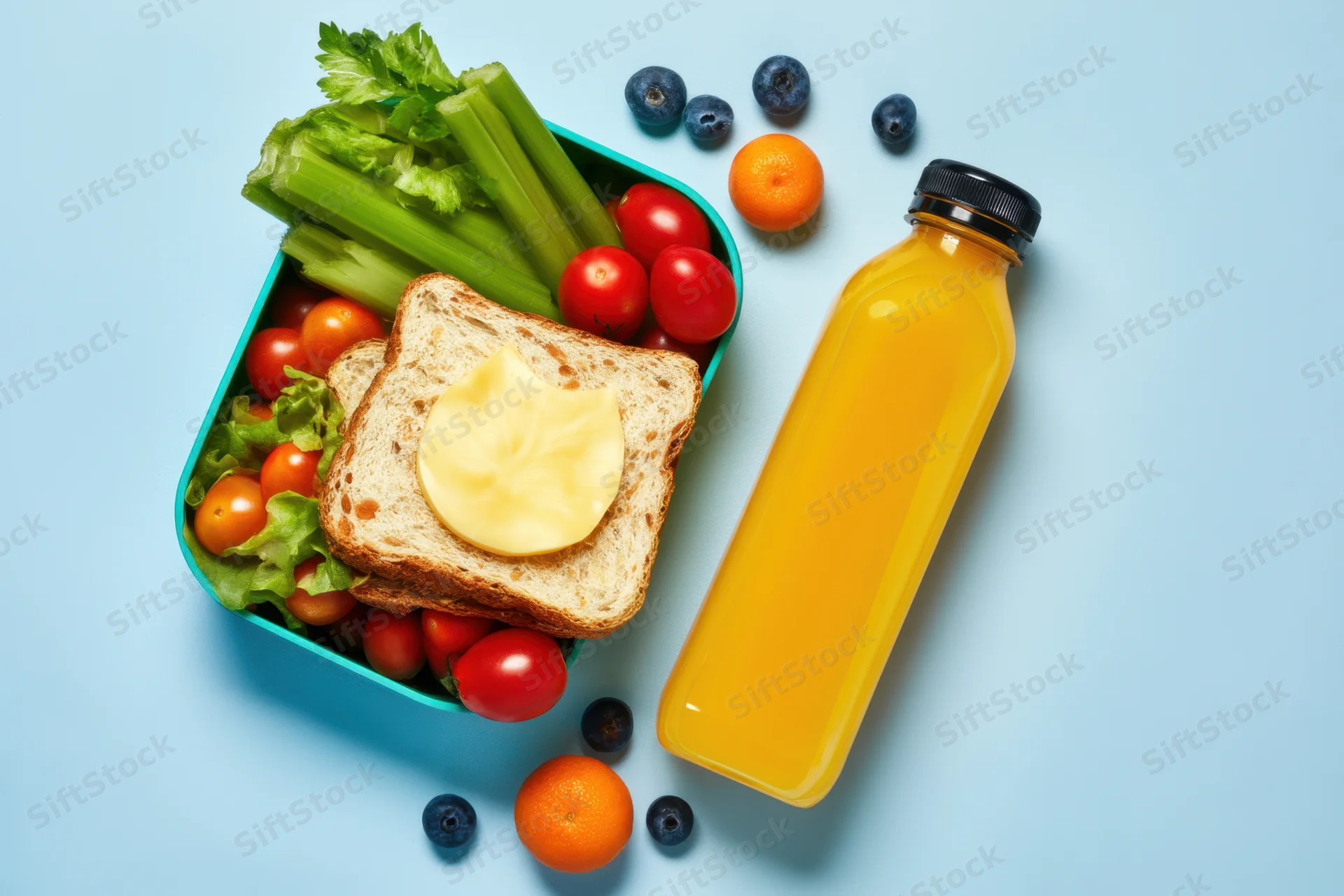 Colorful lunchbox with sandwich, vegetables, fruits and juice bottle arranged on blue background