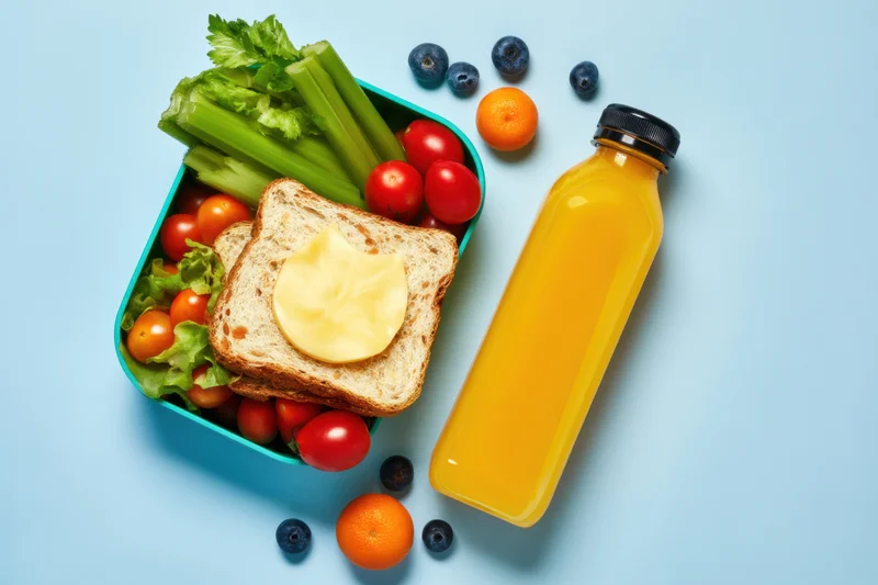 Colorful lunchbox with sandwich, vegetables, fruits and juice bottle arranged on blue background