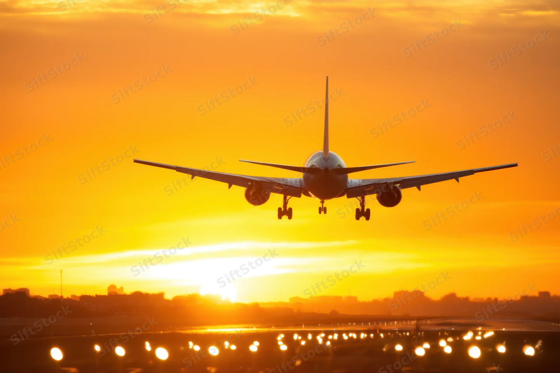 Commercial airplane landing on runway at sunset with city silhouette and runway lights below