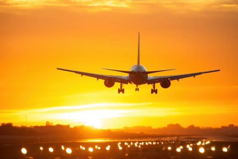 Commercial airplane landing on runway at sunset with city silhouette and runway lights below