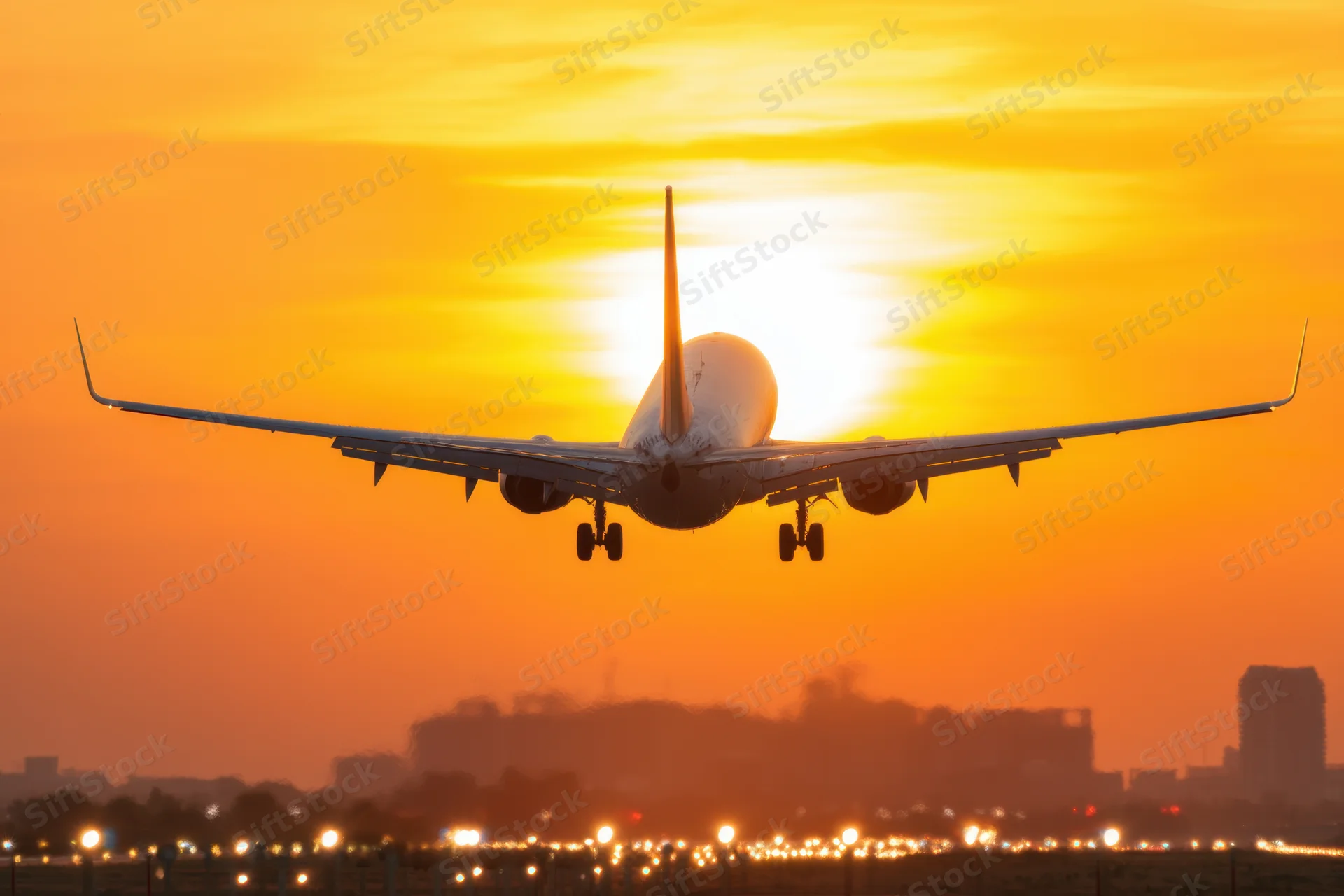 Commercial airplane approaching for landing at sunset over city skyline