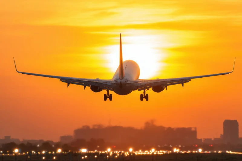 Commercial airplane approaching for landing at sunset over city skyline