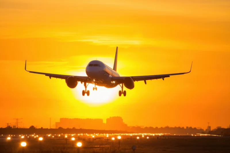 Commercial airplane landing on runway at sunset with city skyline in background