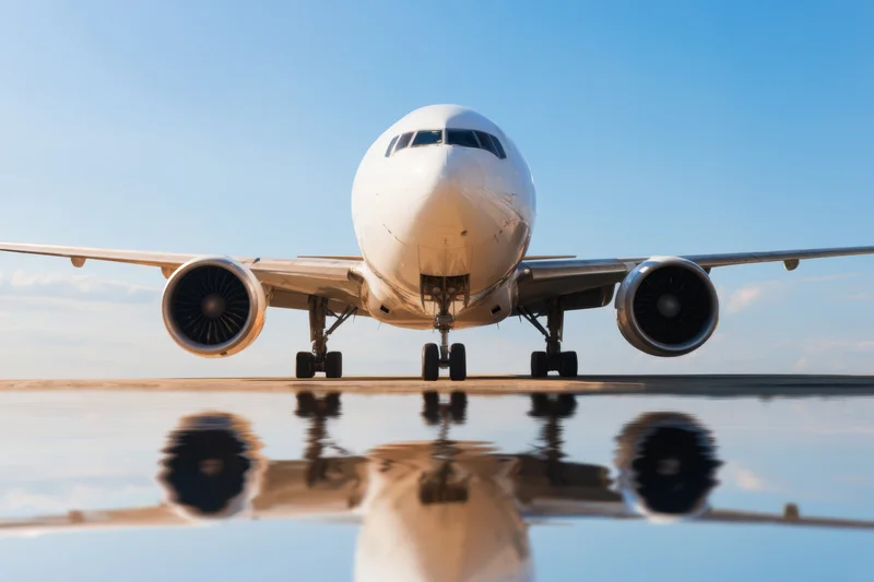 Commercial airplane facing forward on wet runway with reflection in water