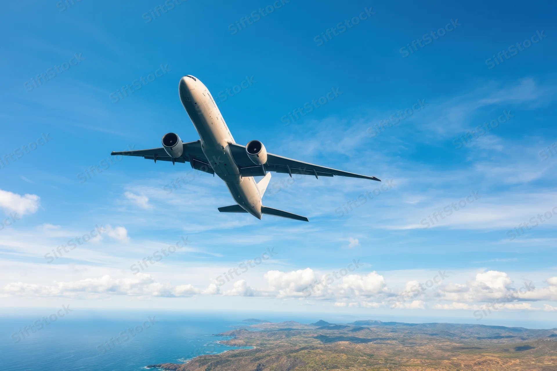 Commercial airplane ascending in flight over ocean and coastline under clear blue sky
