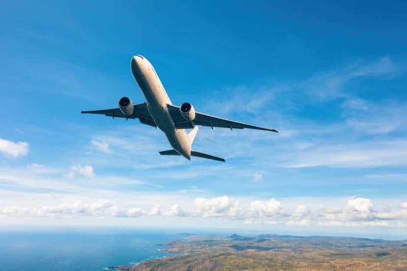 Commercial airplane ascending in flight over ocean and coastline under clear blue sky