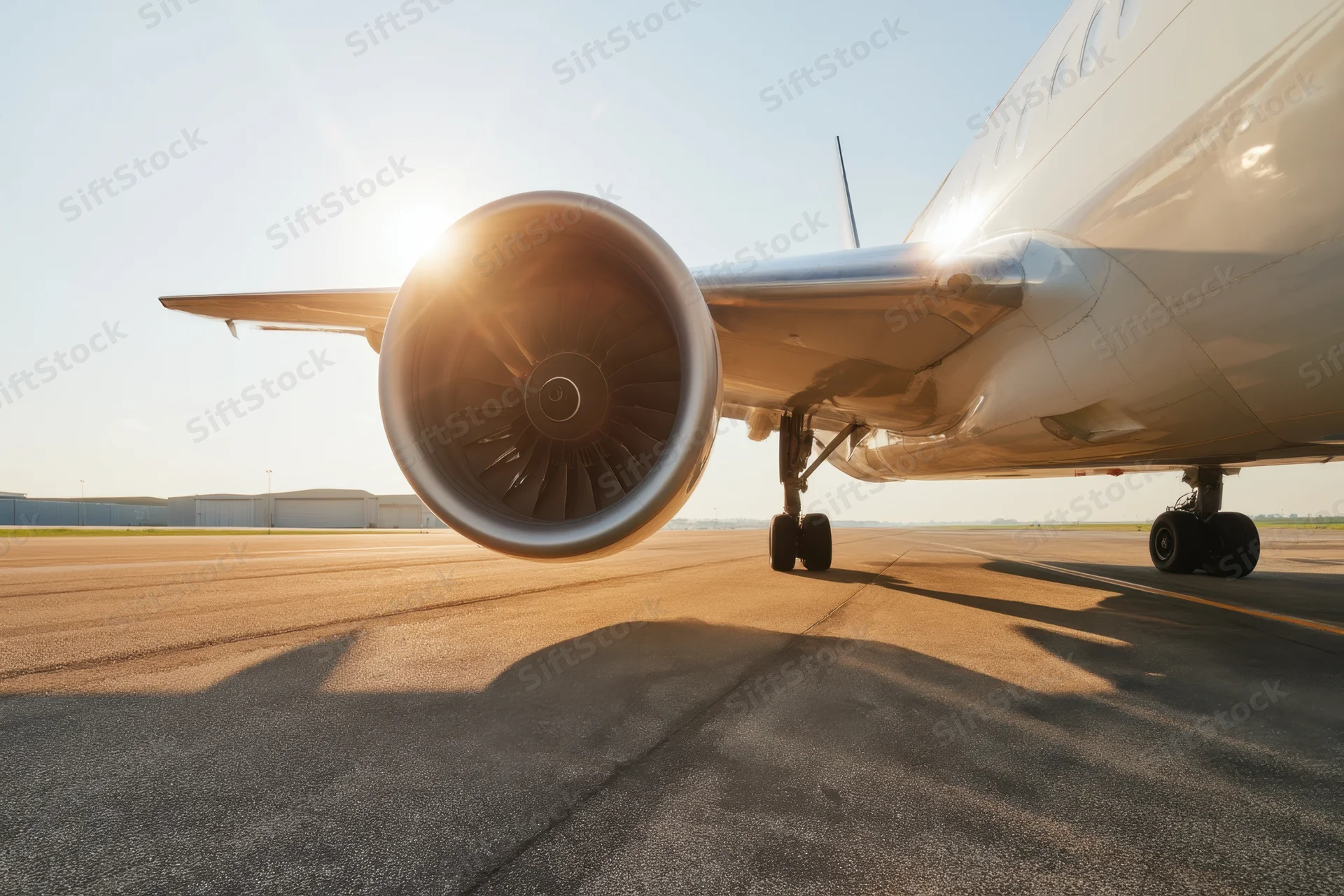 Commercial airplane on runway with engine in focus during sunrise