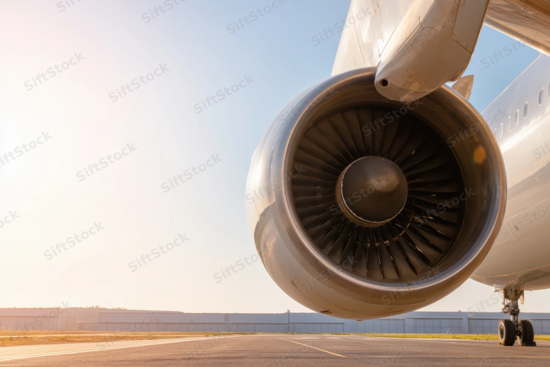 Closeup of a commercial airplane jet engine on a runway at dawn