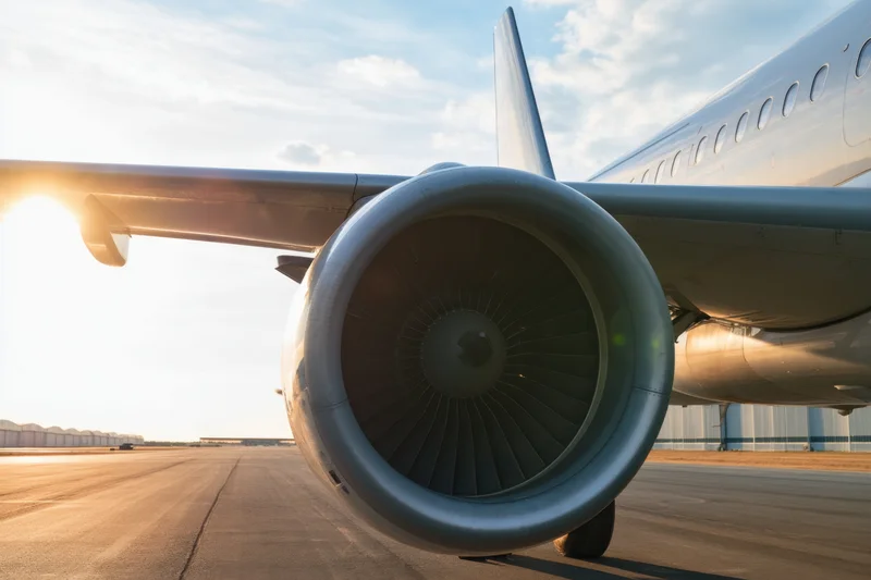 Close-up of a commercial airplane jet engine on a runway at sunrise