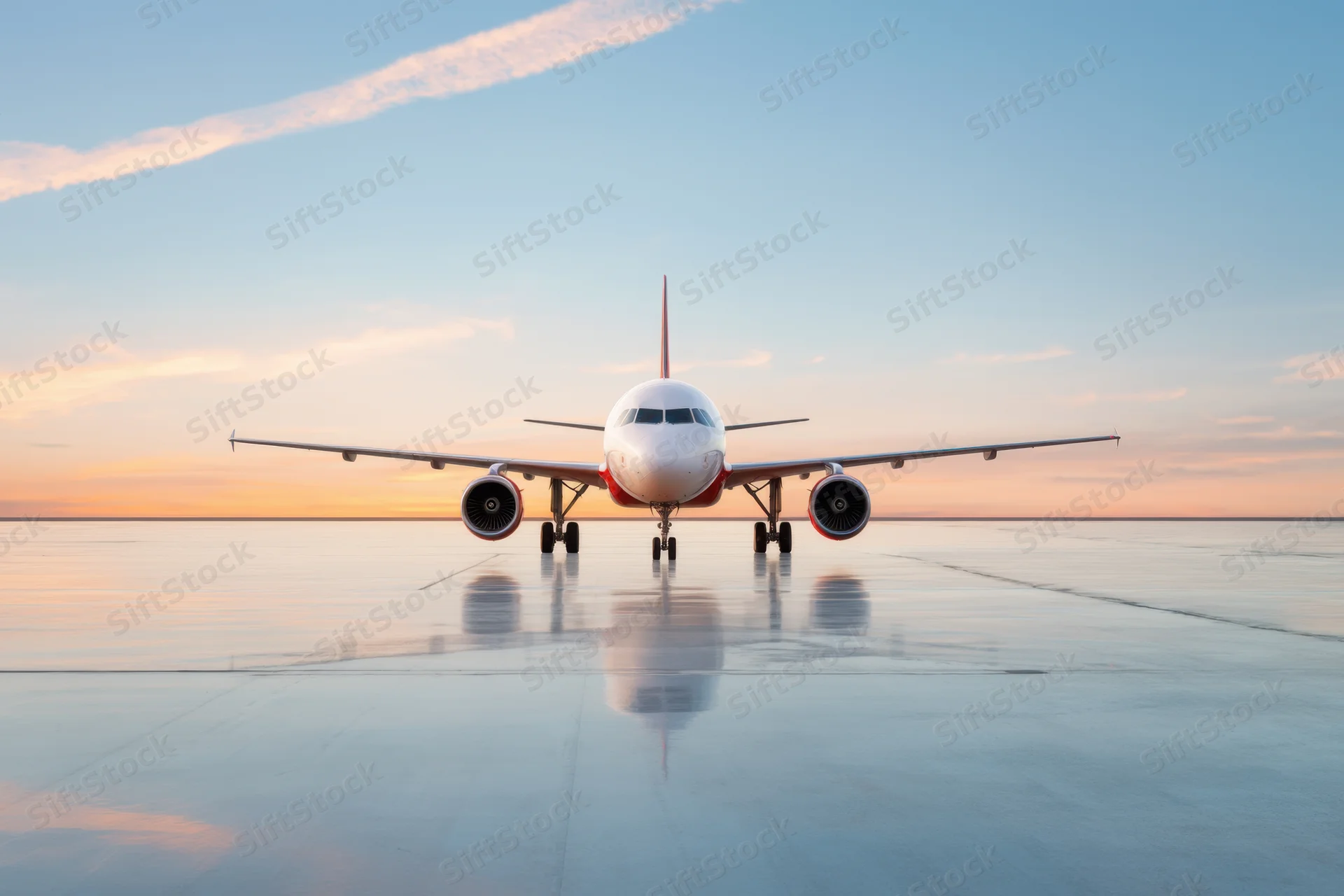 Commercial airplane on reflective tarmac at sunset