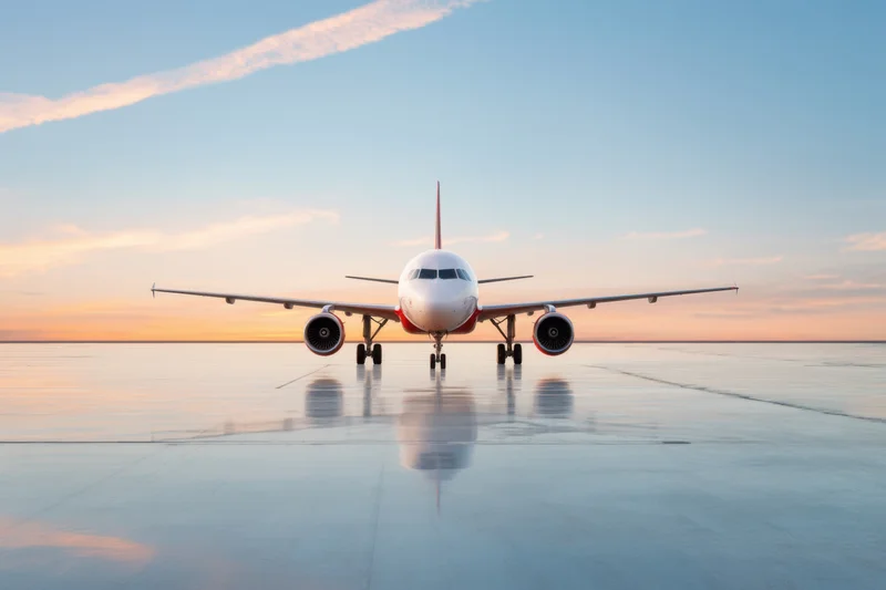 Commercial airplane on reflective tarmac at sunset